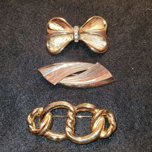 Vintage Lot Brooches:Brushed Gold-tone Bow with Crystals, Love Knot, Retro Swirl